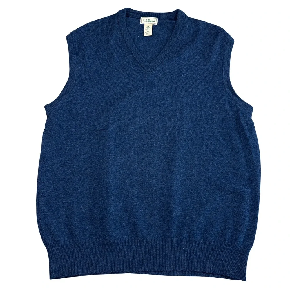 LL Bean Mens XL Blue Lambswool Sweater Vest V-Neck Made in Scotland Preppy Wool